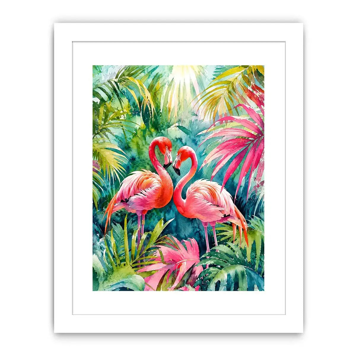 Tropical flamingos in watercolor paradise