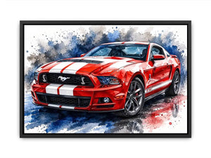 Bold red Mustang in watercolor splashes