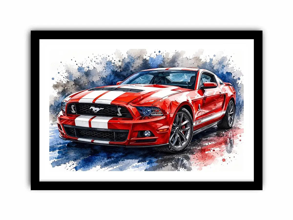 Bold red Mustang in watercolor splashes