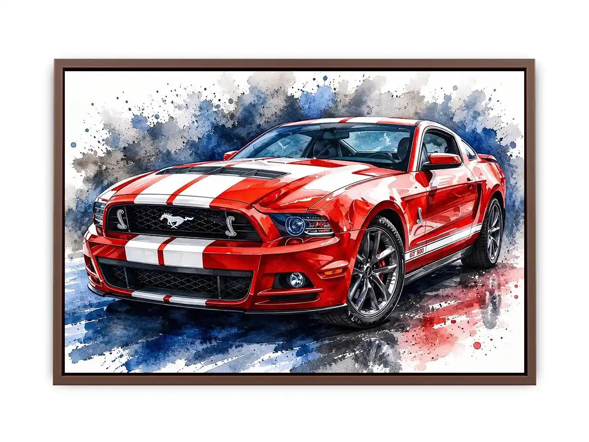 Bold red Mustang in watercolor splashes