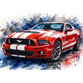 Bold red Mustang in watercolor splashes