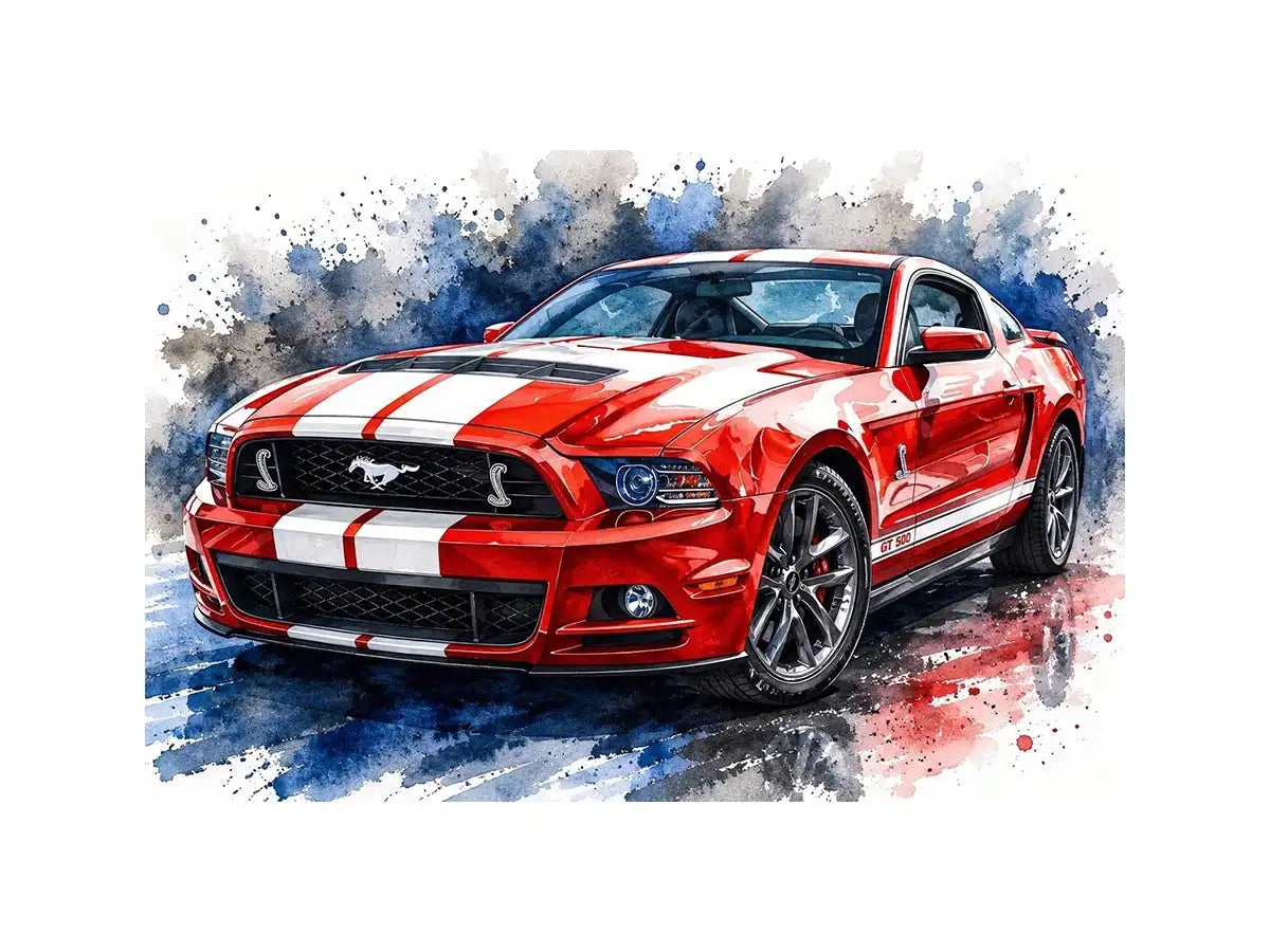 Bold red Mustang in watercolor splashes
