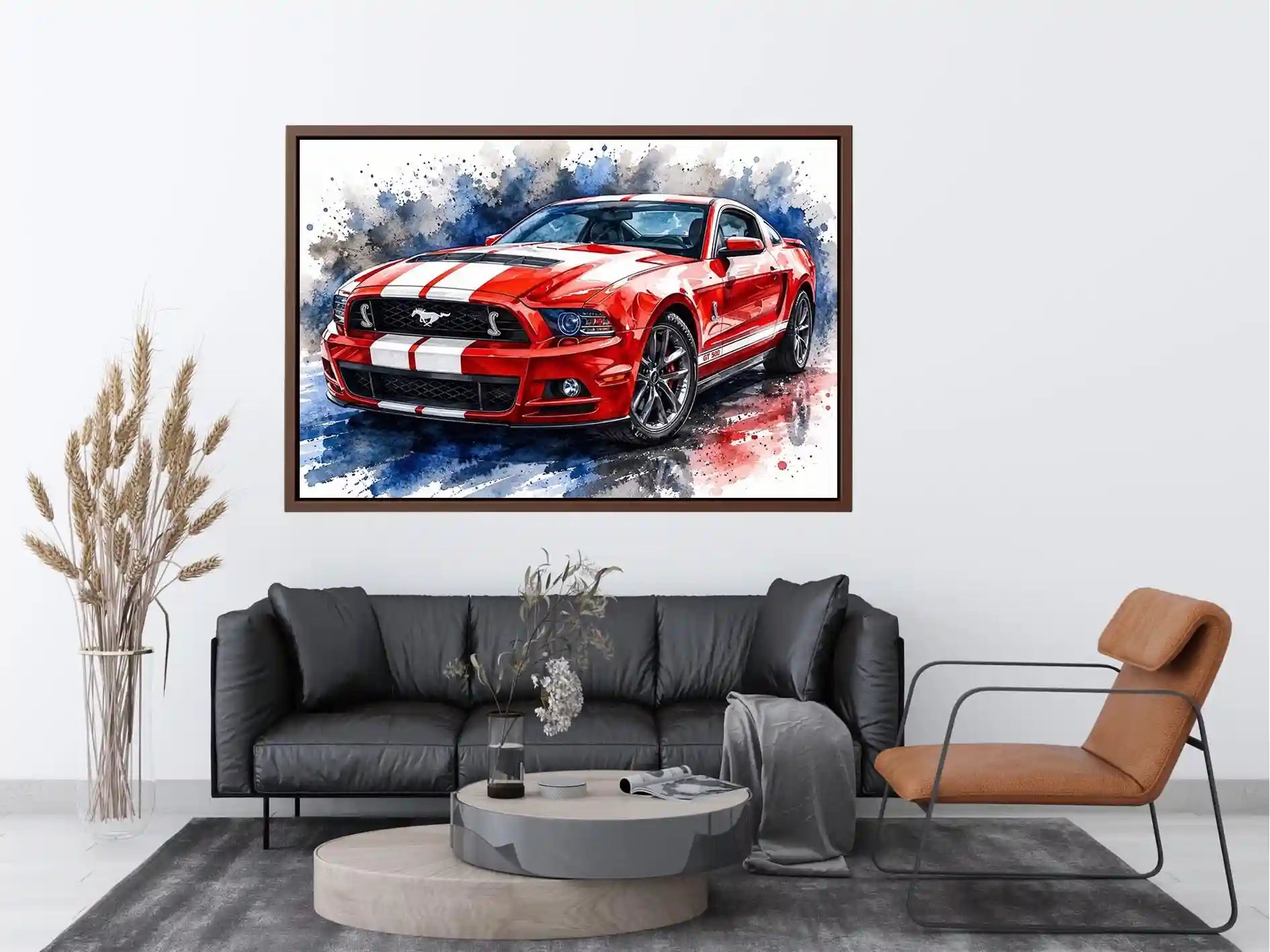 Bold red Mustang in watercolor splashes