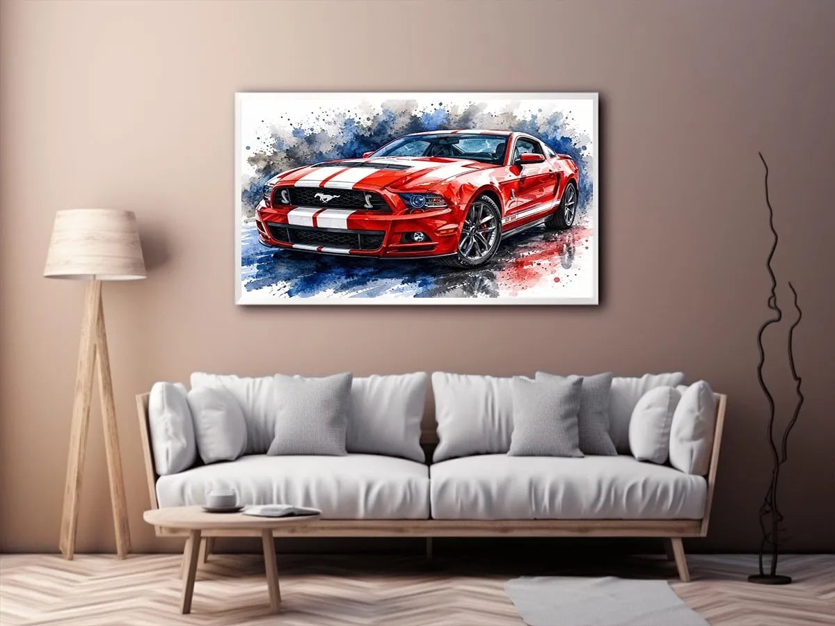 Bold red Mustang in watercolor splashes