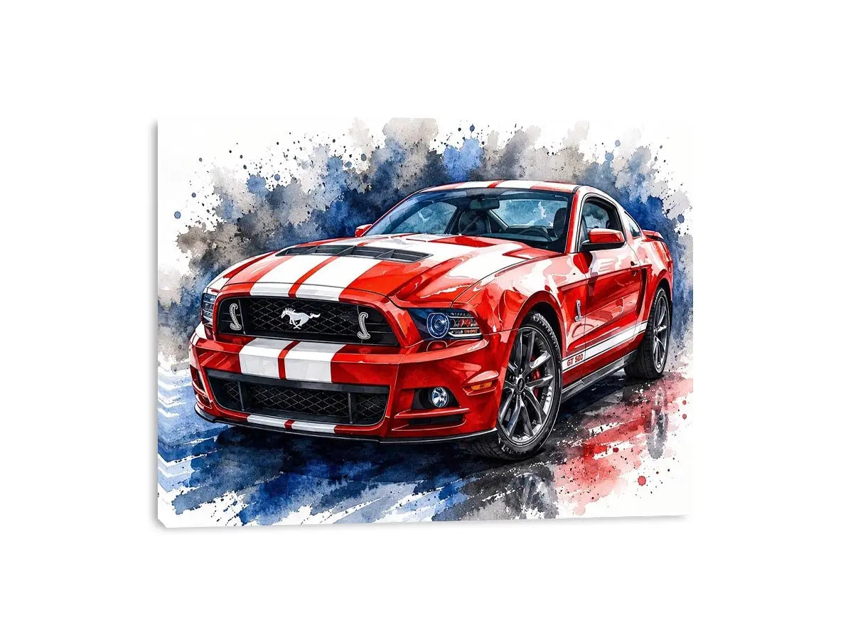 Bold red Mustang in watercolor splashes