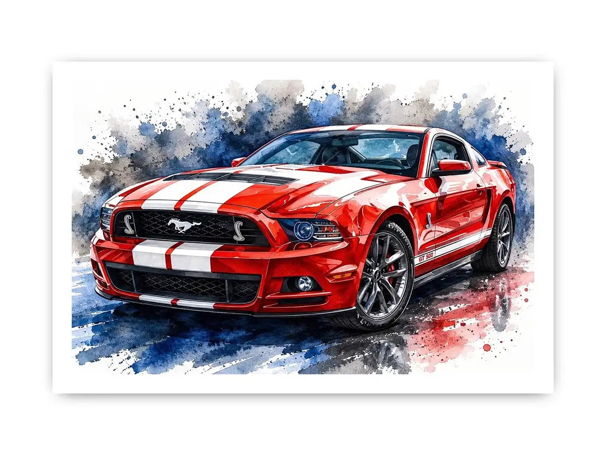 Bold red Mustang in watercolor splashes