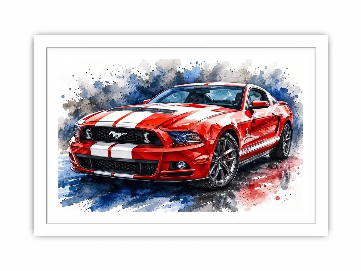 Bold red Mustang in watercolor splashes