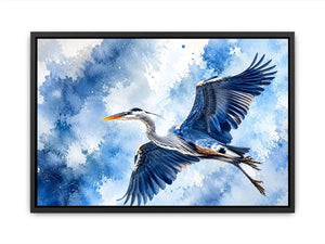 Soaring heron in watercolor blues