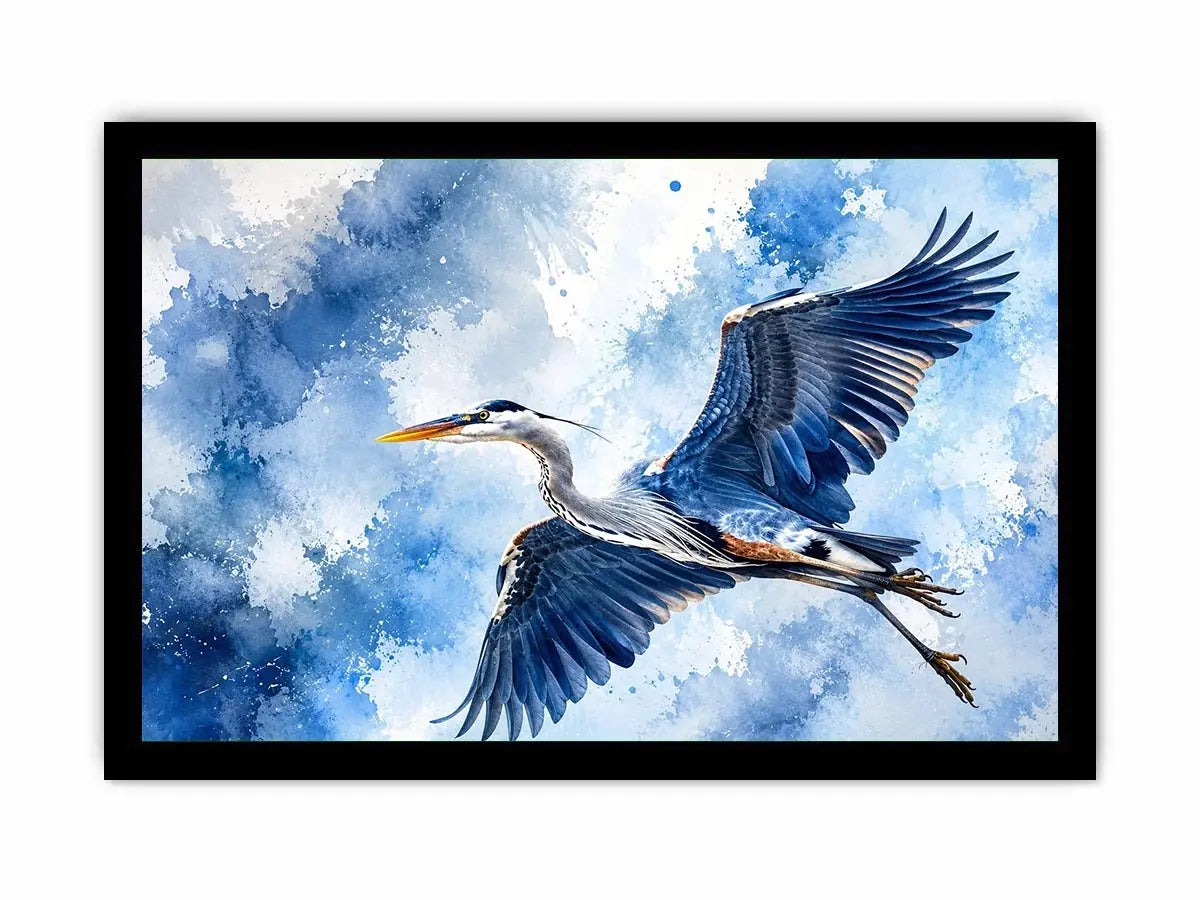 Soaring heron in watercolor blues