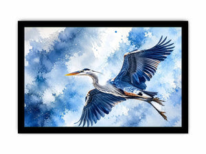 Soaring heron in watercolor blues