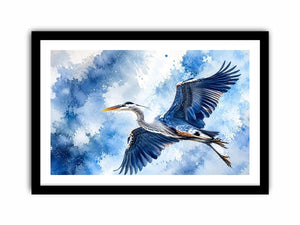 Soaring heron in watercolor blues