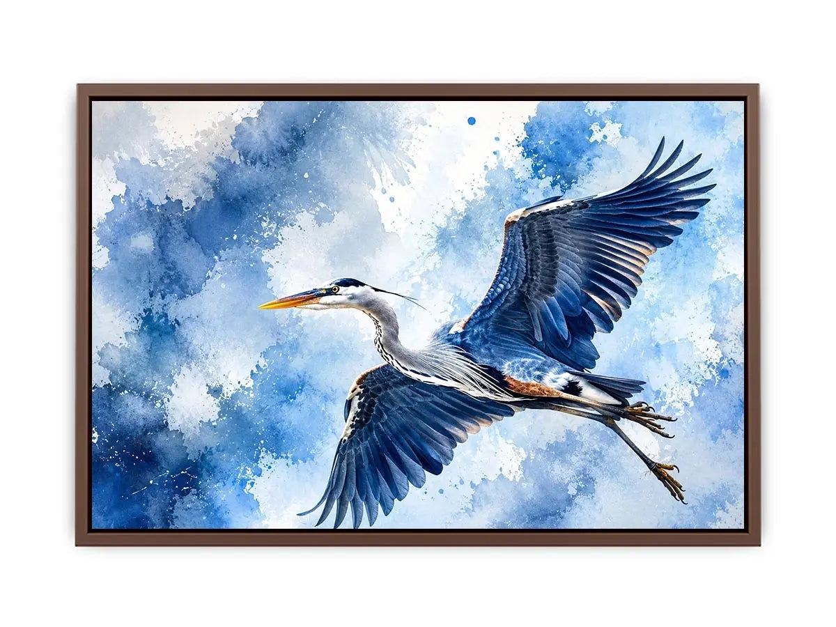 Soaring heron in watercolor blues