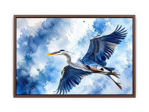 Soaring heron in watercolor blues