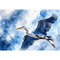 Soaring heron in watercolor blues