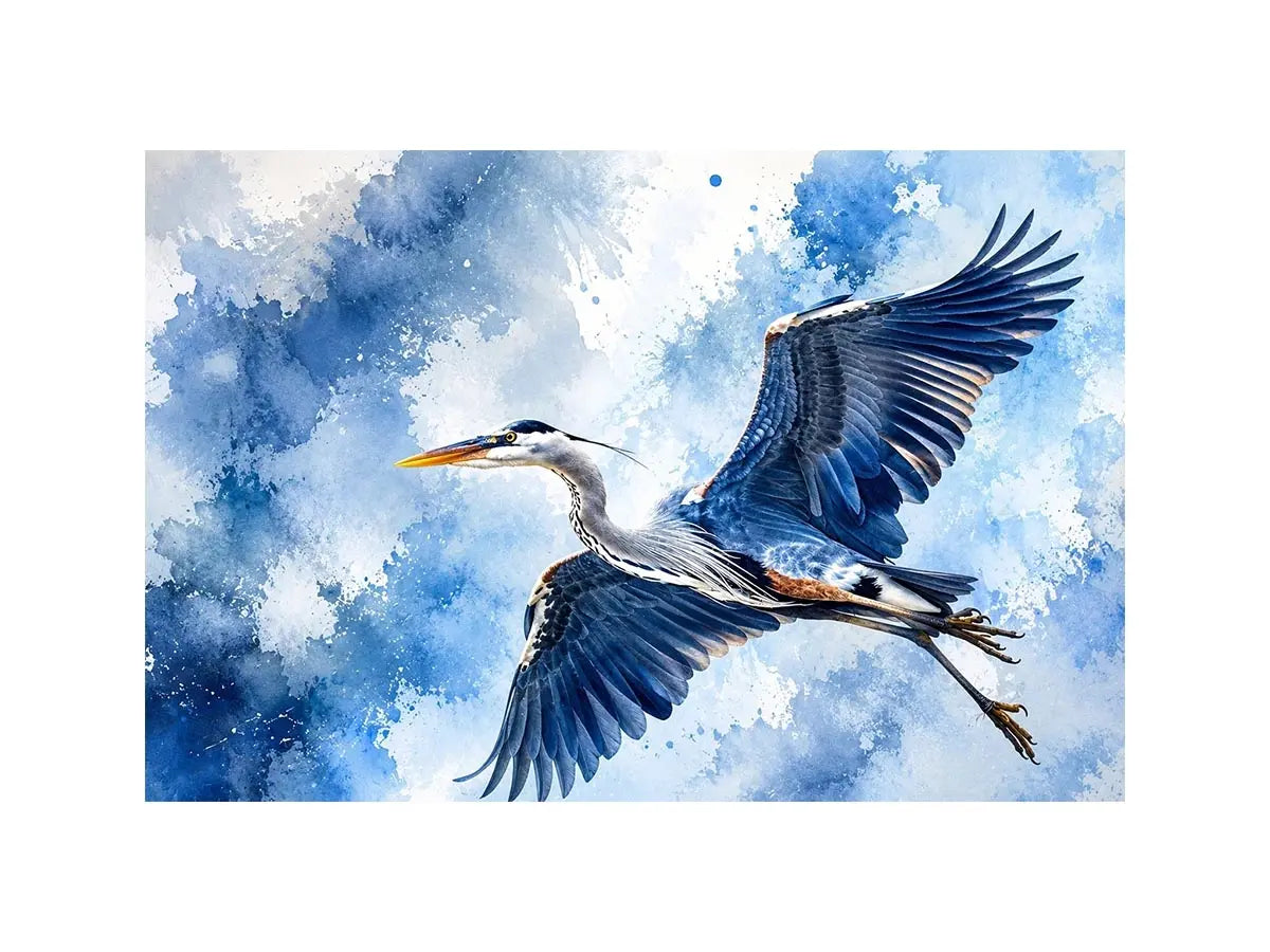 Soaring heron in watercolor blues