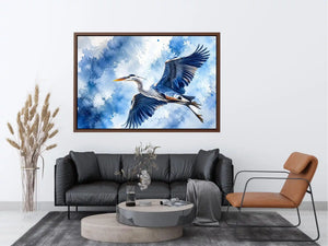 Soaring heron in watercolor blues