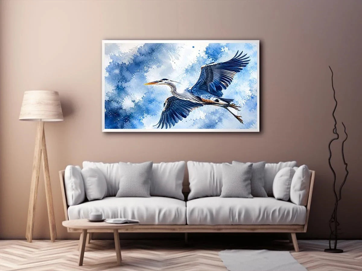 Soaring heron in watercolor blues