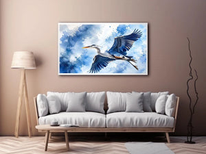 Soaring heron in watercolor blues