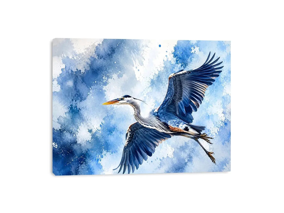 Soaring heron in watercolor blues