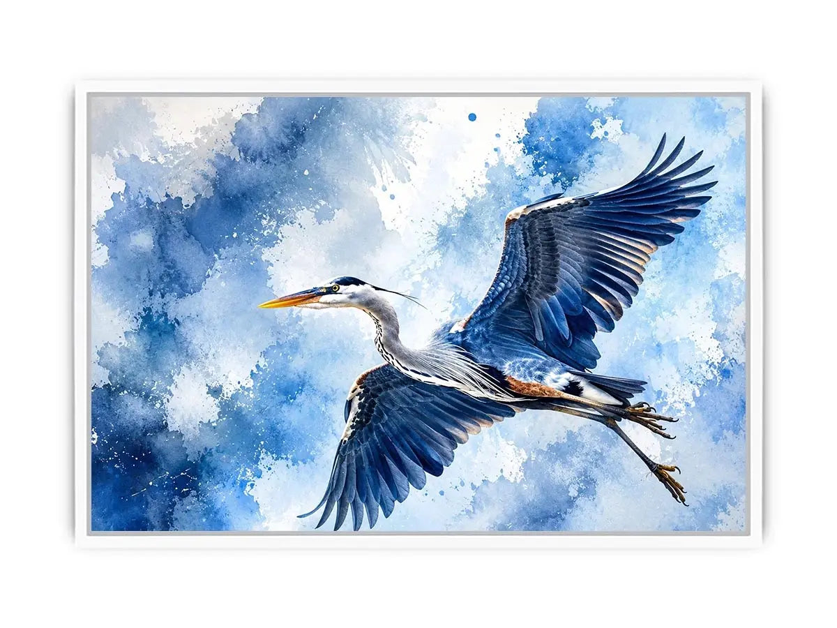 Soaring heron in watercolor blues