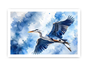 Soaring heron in watercolor blues