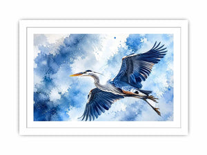 Soaring heron in watercolor blues
