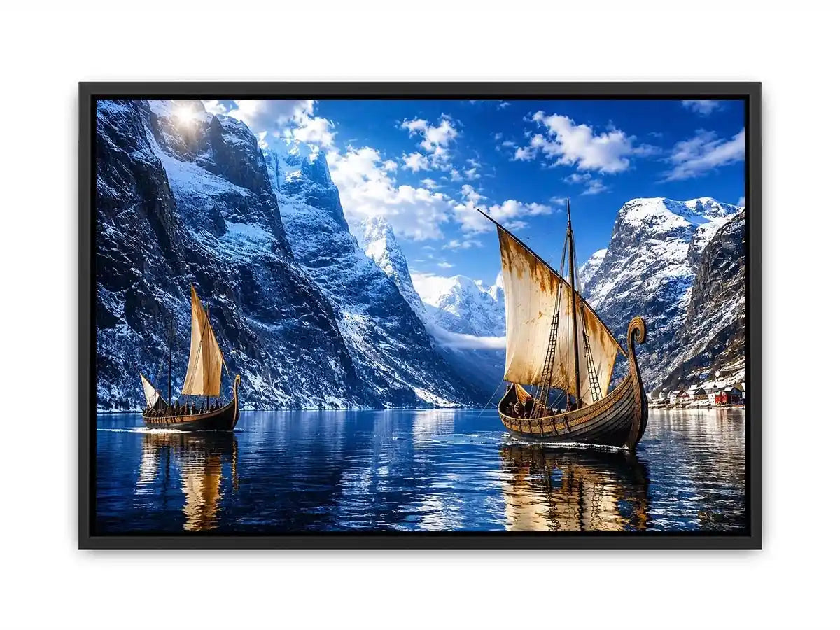 Viking longships in a fjord landscape