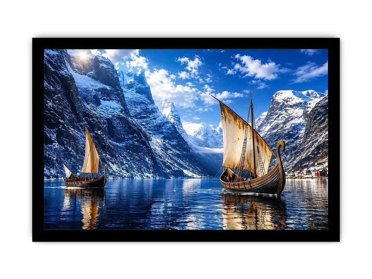 Viking longships in a fjord landscape