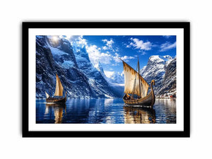 Viking longships in a fjord landscape