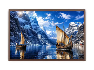 Viking longships in a fjord landscape