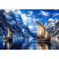 Viking longships in a fjord landscape
