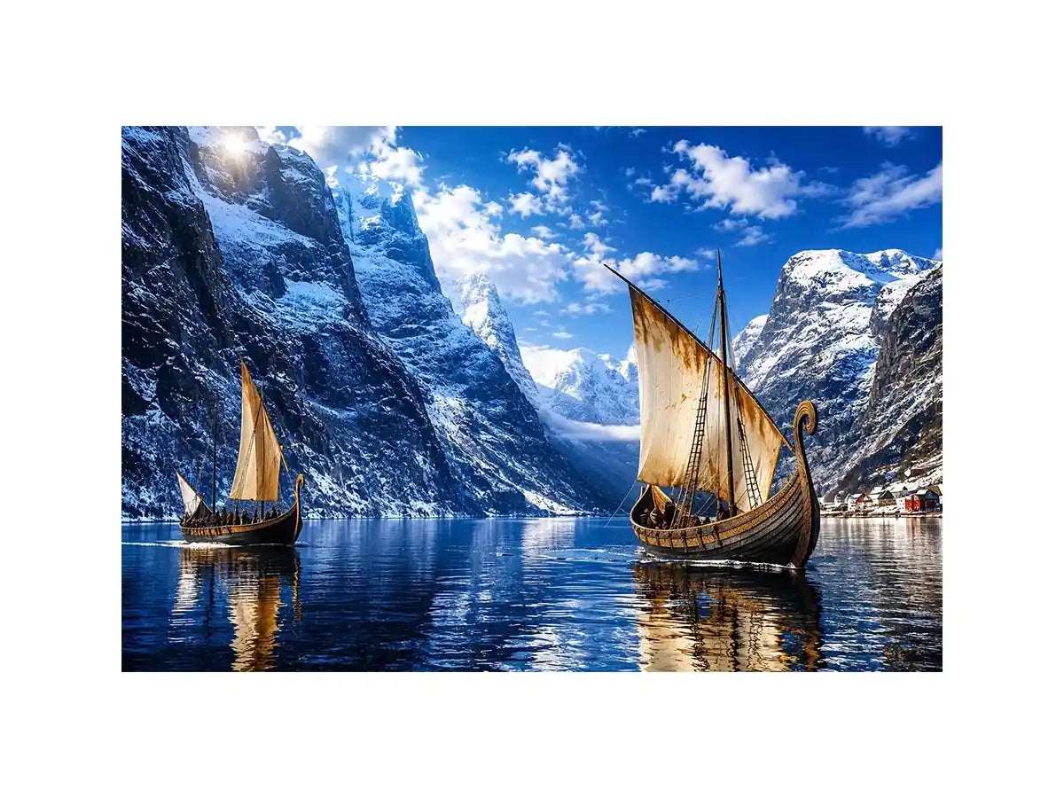 Viking longships in a fjord landscape
