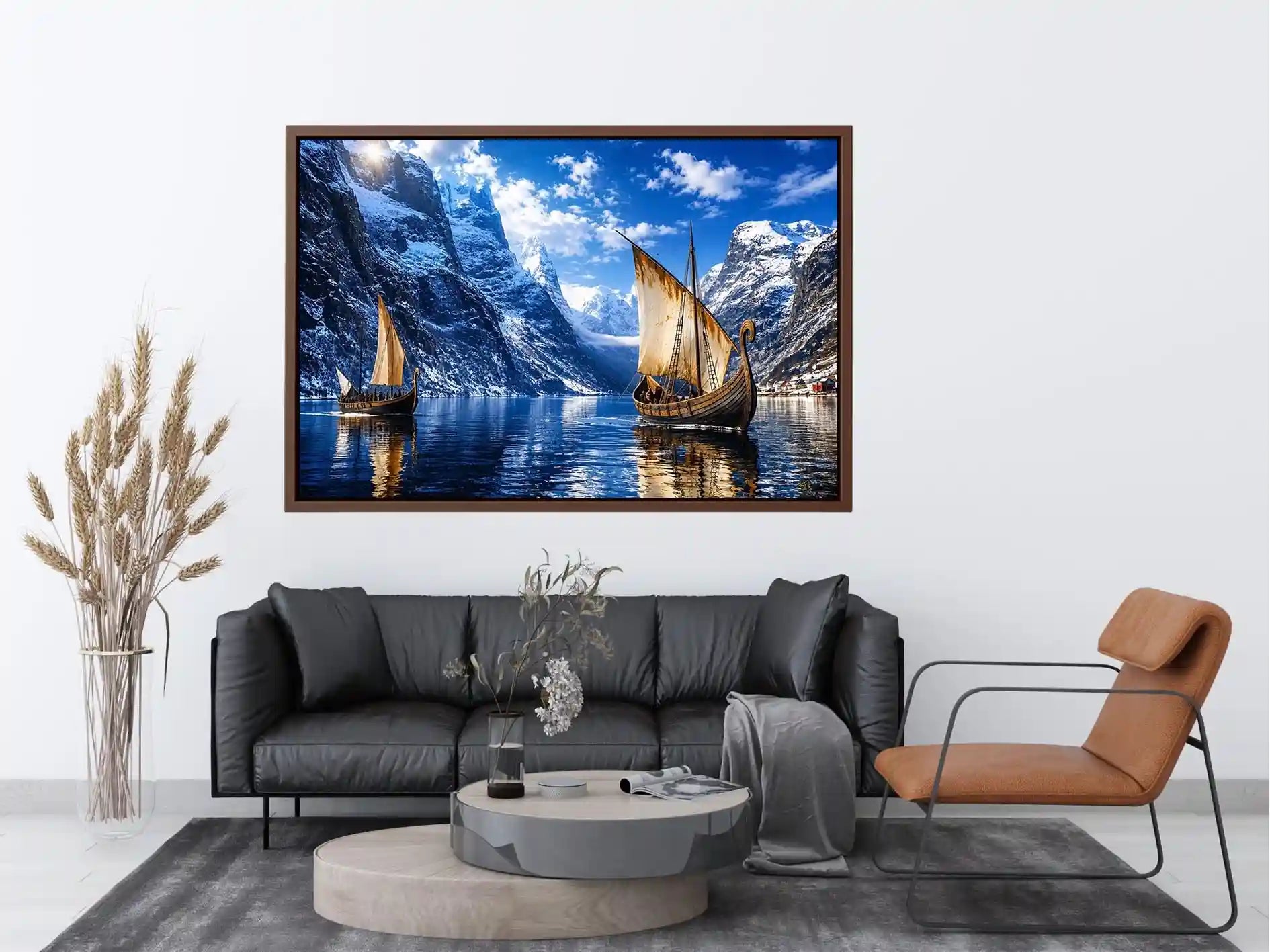 Viking longships in a fjord landscape