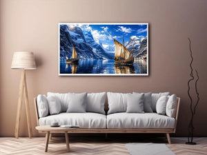 Viking longships in a fjord landscape