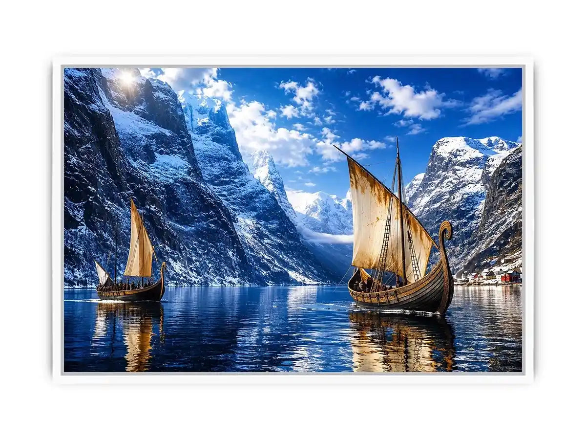 Viking longships in a fjord landscape