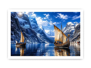 Viking longships in a fjord landscape
