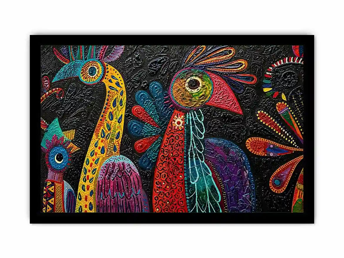 Vibrant folk-art bird mural