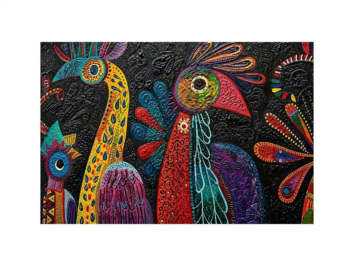 Vibrant folk-art bird mural