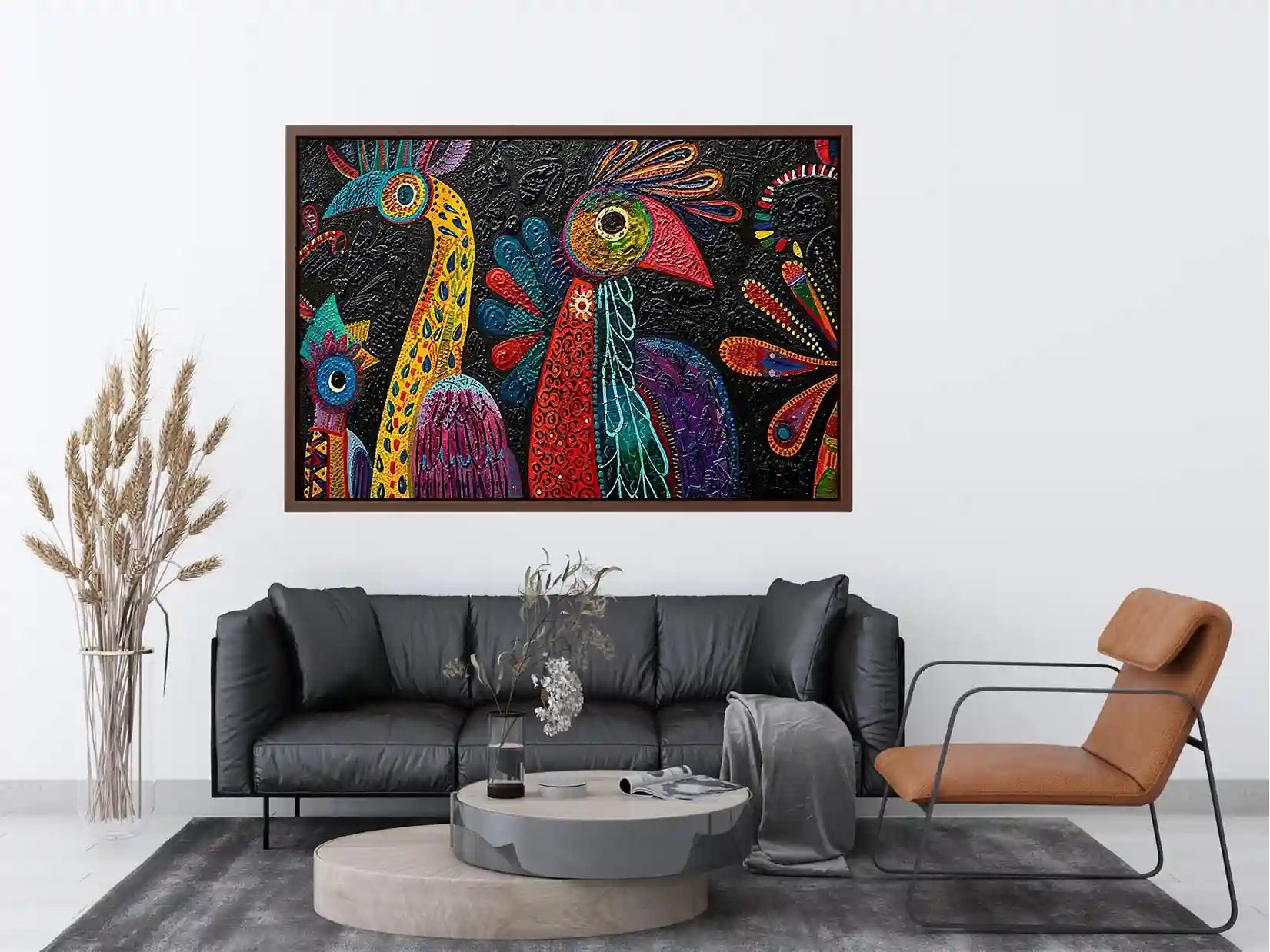Vibrant folk-art bird mural