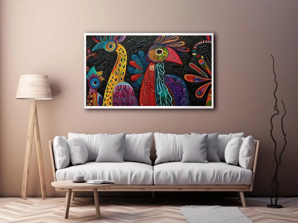 Vibrant folk-art bird mural