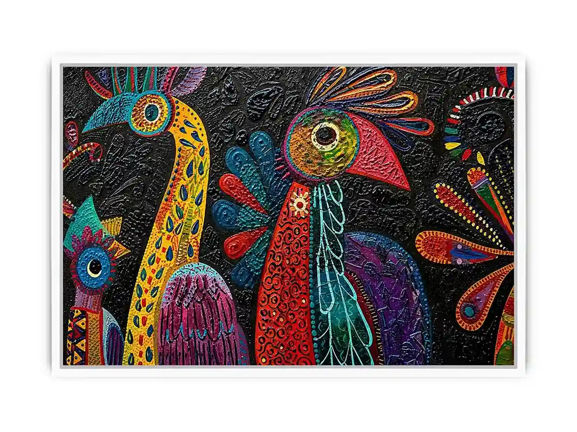 Vibrant folk-art bird mural