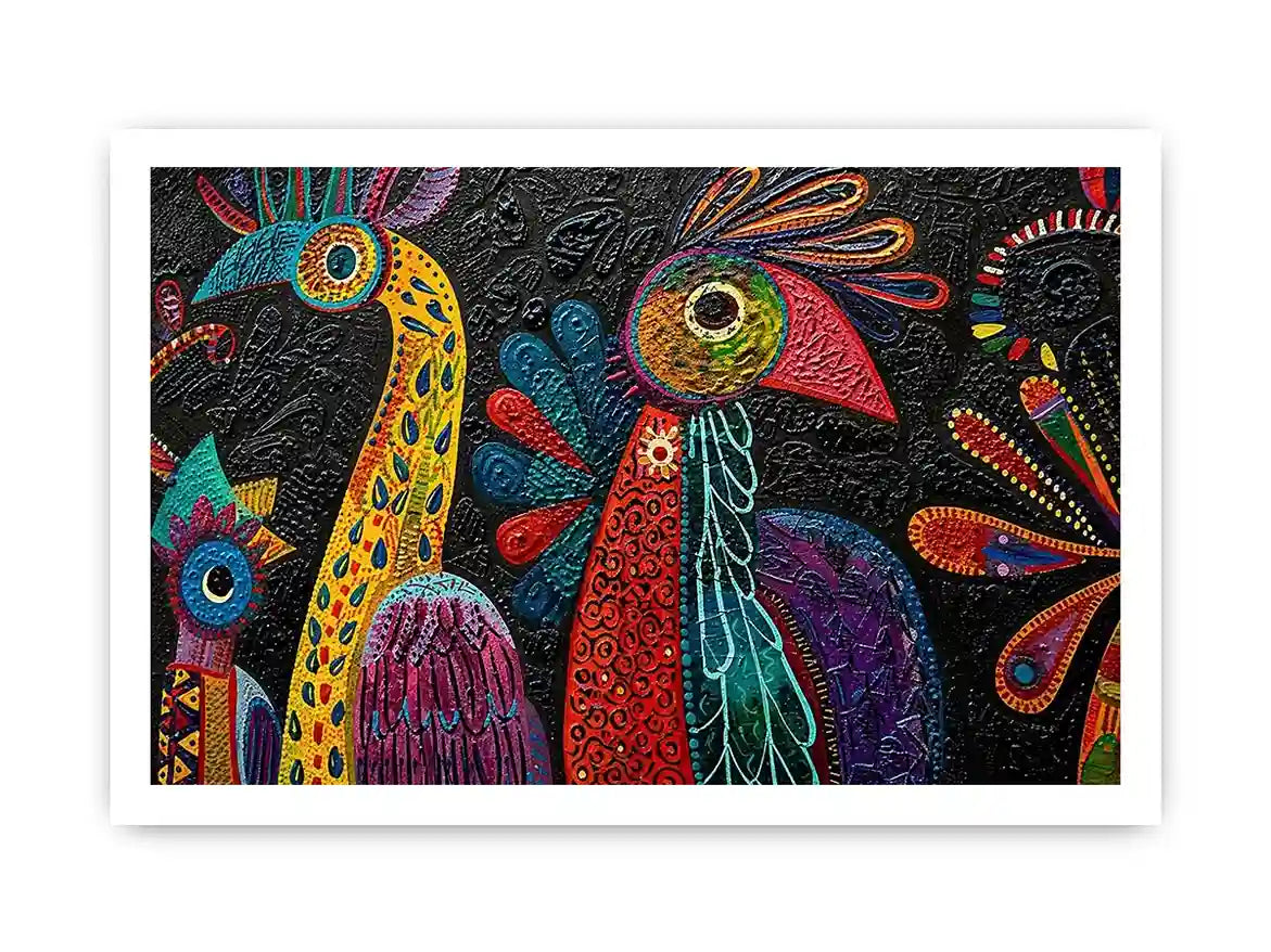 Vibrant folk-art bird mural