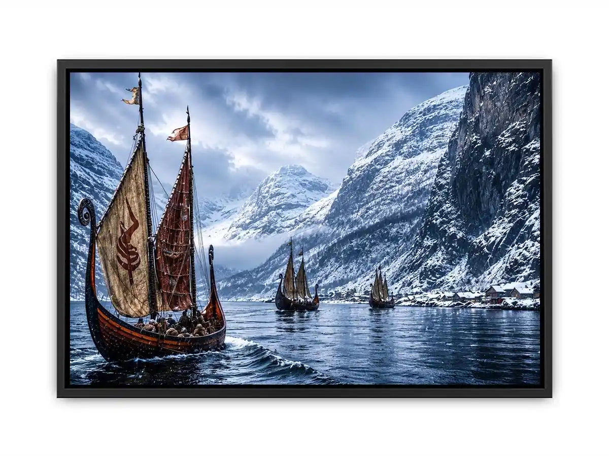 Viking longships in a snowy fjord