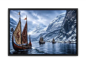 Viking longships in a snowy fjord