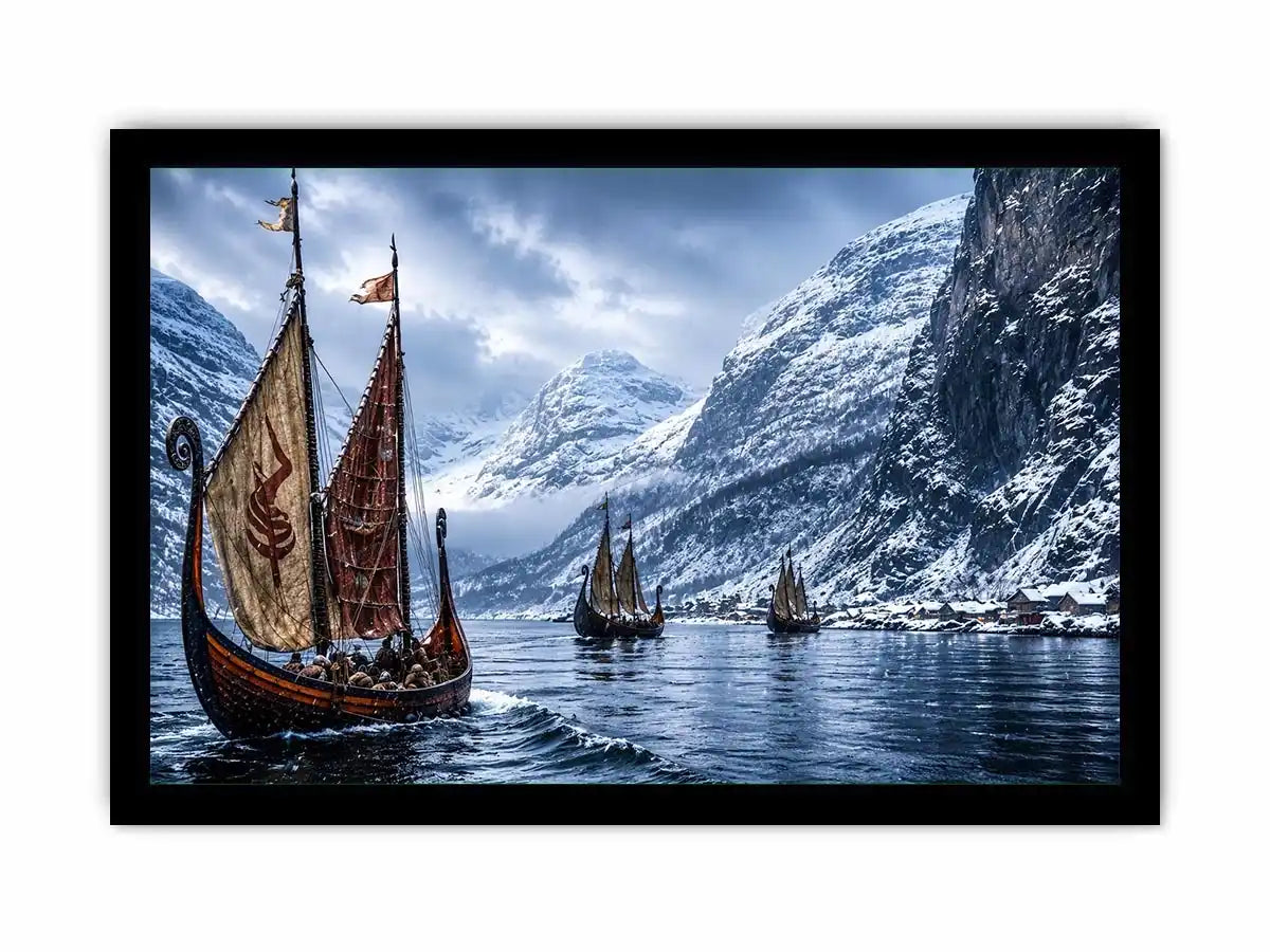 Viking longships in a snowy fjord