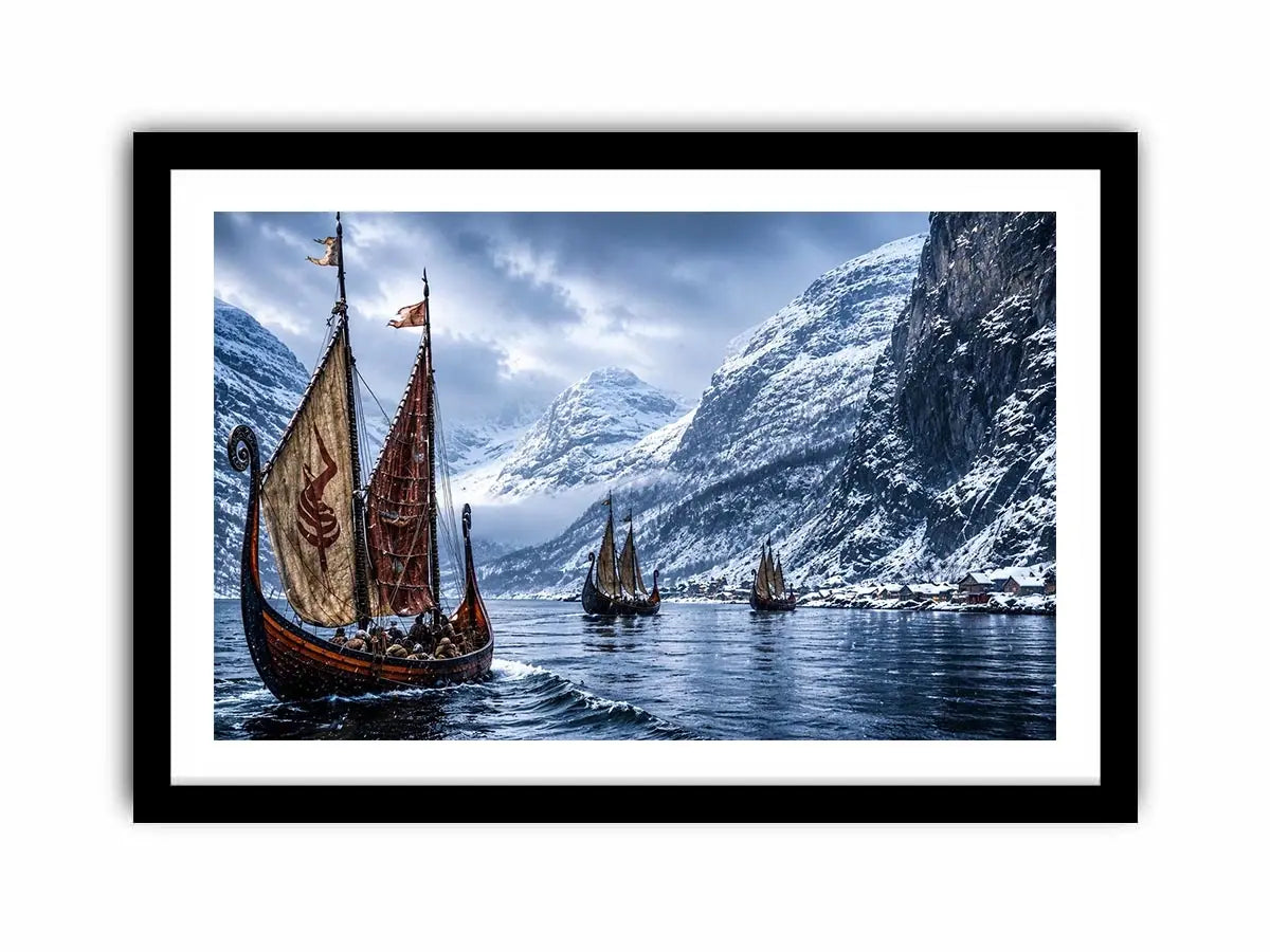 Viking longships in a snowy fjord