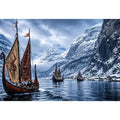 Viking longships in a snowy fjord