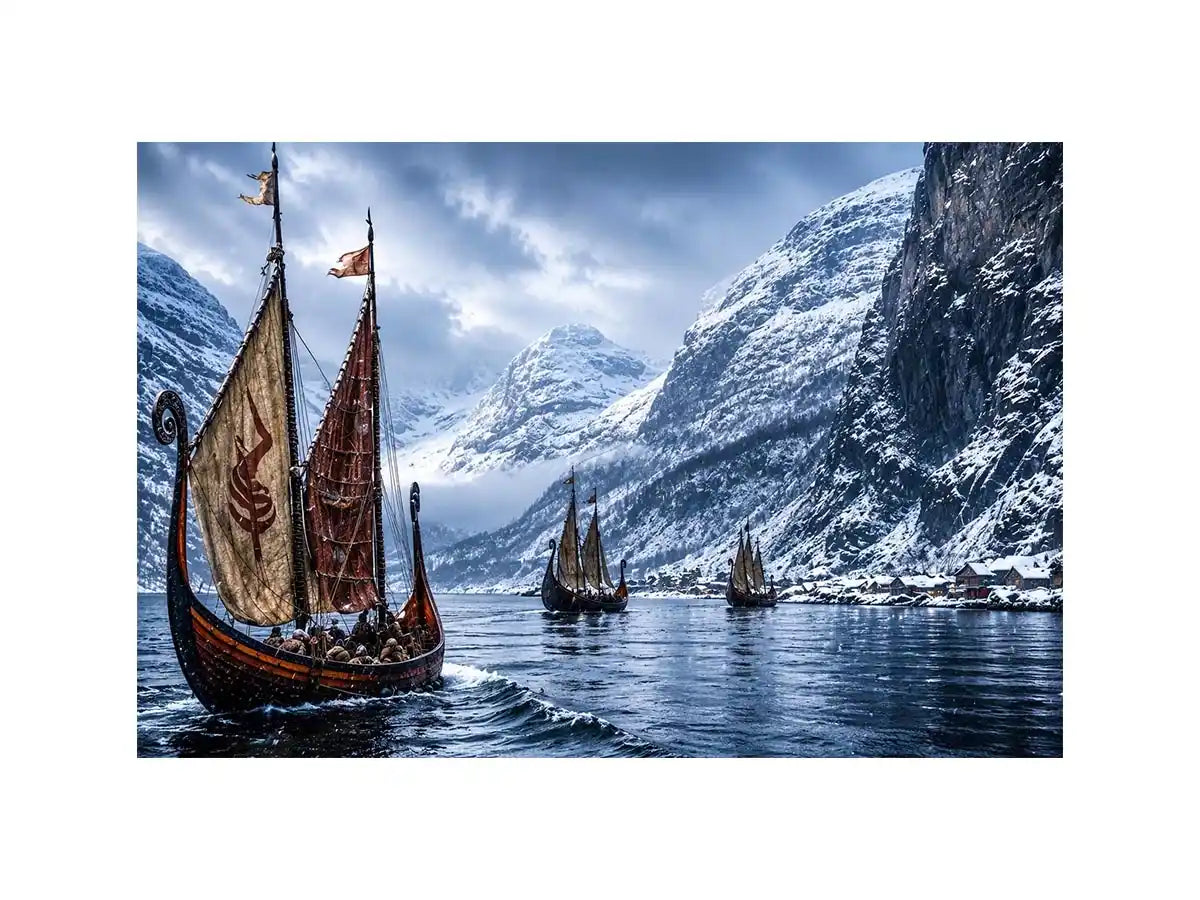 Viking longships in a snowy fjord