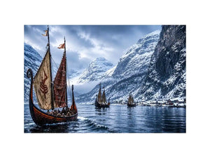 Viking longships in a snowy fjord