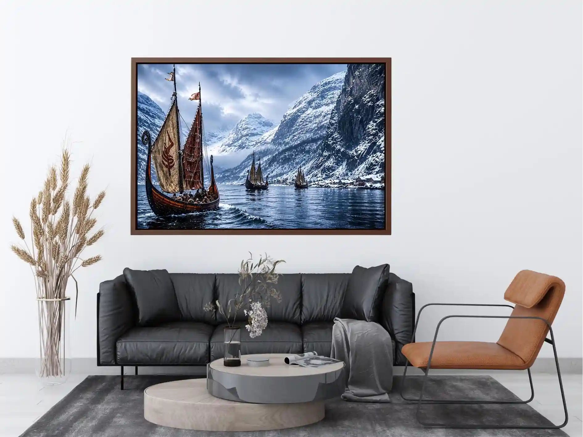 Viking longships in a snowy fjord